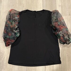 Zara Women’s Black Floral Organza 3/4 Puff Sleeve Stretch Top Medium.